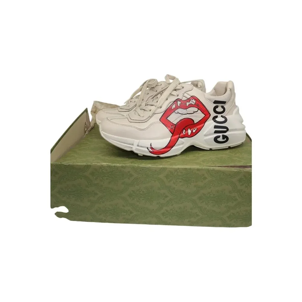 Gucci Rhyton Ivory Leather Mouth Print Lace-Up Sneakers Men's Size 5.5 US 6.5